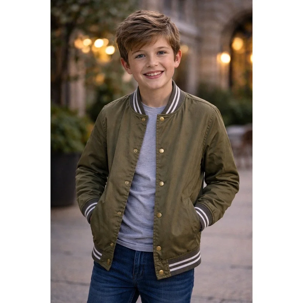 Old Navy Boys Olive Green Bomber Jacket Size M 8‎ Snap Button Varsity Coat Kids